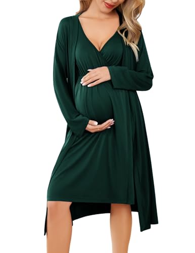 Ekouaer Maternity Nursing Gown and Robe Set Labor Delivery Nightgowns - color: Dark Green, size: Small