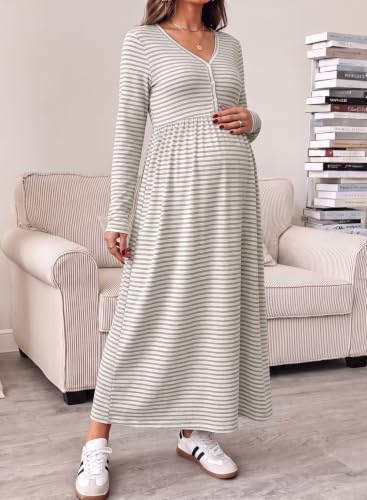 BLENCOT Maternity Dress V Neck Long Sleeve Striped Button Down Maxi Dresses - color: Grey, size: X-Large