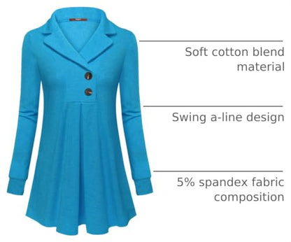 Gaharu Women's Swing Tunic Notch Collar Ladies Button Sweatshirt Long Sleeve Pullover Shirt Tops - color: Blue, size: Medium