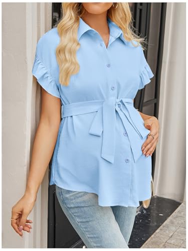 MakeMeChic Women's Maternity Nursing Work Blouse Pregnancy Ruffle Tops - color: Light Blue, size: X-Large