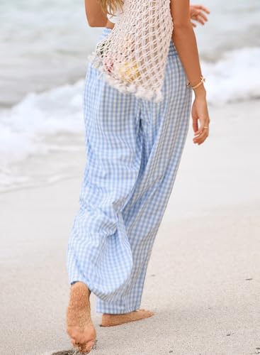 Dokotoo Women's Fall Gingham Wide Leg Casual Pants 2026 - color: Blue, size: X-Large
