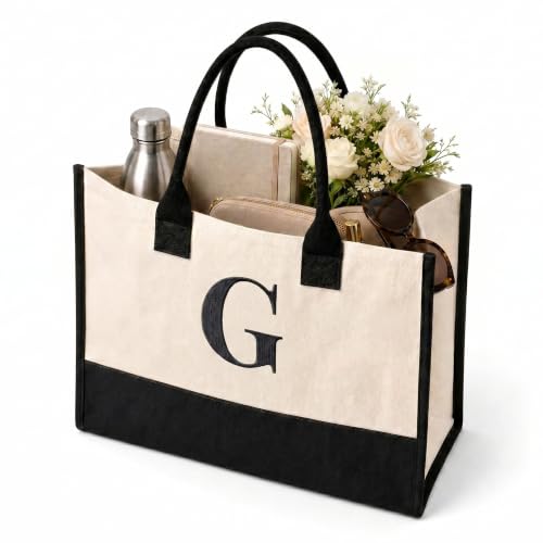 Salt Earth Canvas Tote Bag for Women, Personalized Initial Monogram Tote, Beach Grocery Utility Tote for Travel & Work - color: G, size: Soho Signature