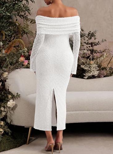 BLENCOT Womens Off Shoulder Flare Sleeve Split Bodycon Maternity Dress - color: White, size: Medium