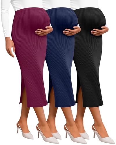 Neer 3 Pack Women's Ribbed Knit Maternity Skirts - color: Fuchsia, Navy Blue, Black, size: Medium