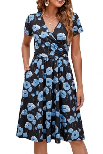 OUGES Women's Wrap V Neck Summer Casual Maternity Nursing Dress - color: Black Blue Flower, size: Large