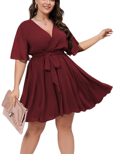 SCOMCHIC Women's Plus Size Wrap Summer Mini Dress - color: Burgundy, size: XX-Large Plus