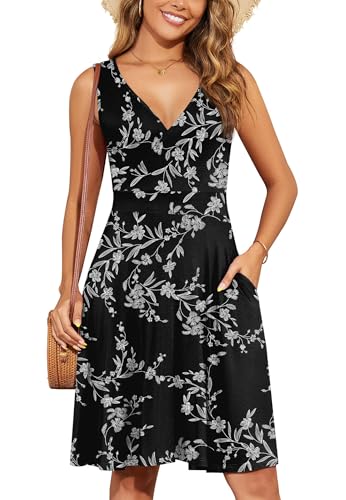 WEACZZY Women Summer V Neck Sleeveless Dress with Pockets Beach Sundress - color: White Black, size: Medium