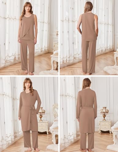 Ekouaer Maternity Pajamas Nursing Robe Set 3 Pieces Post Partum Lounge Sets - color: Khaki, size: Medium