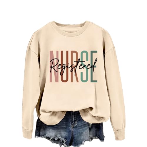 Registered Nurse Sweatshirt Women RN Nurse Life Crewneck Pullover - color: Beige, size: X-Large