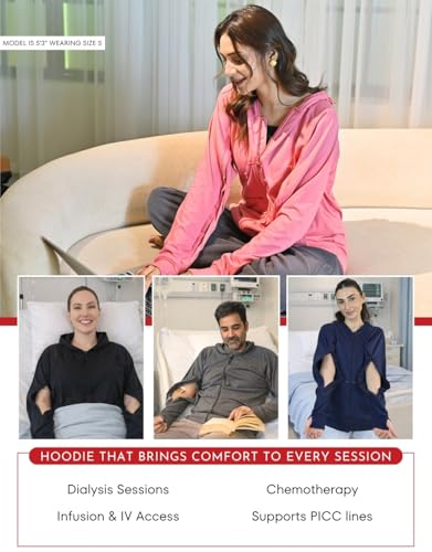 Inspired Comforts Unisex Dialysis & IV Access Hoodie – Dual Arm Zippers, Thumbhole Sleeves & Pockets - color: Navy, size: Small