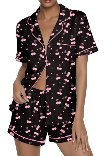 Ekouaer Womens Pajama Sets Button Up Pjs 2 Piece Short Sleeve Sleepwear - color: Black With Cherry, size: X-Large