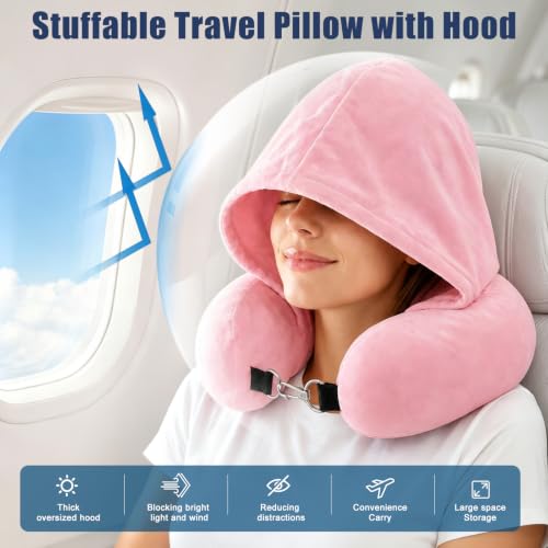 Stuffable Travel Neck Pillow with Hood, Soft Velvet Fabric,Pink - size: Type E