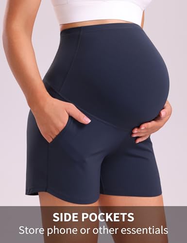 Mama Land Women's Maternity Athletic Shorts with Pockets, 4 Inch - color: Navy Blue, size: Small