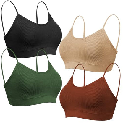 KCDDUMK 4 Pack Cami Bralettes for Women, Spaghetti Strap Sleep Bras - color: Black, Caramel, Green, Nude, size: Large