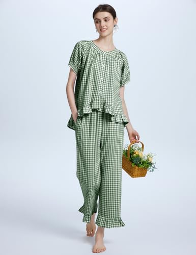 Flygo Women's Cotton Gingham Pajama Set 2 Piece Ruffle Lounge Sleepwear - color: Darkgreen, size: Medium