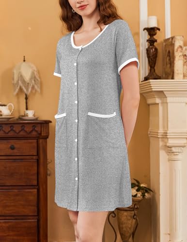 Ekouaer 2 Pack Nightgowns for Women Button Down Houese Dress with Pockets - color: Black/Light Grey, size: Small