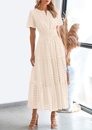 PRETTYGARDEN Women's Summer Hollow Out Eyelet Maxi Dress - color: Beige, size: Large