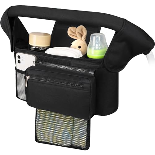 Accmor Universal Stroller Organizer with Insulated Cup Holder - color: All Black/Detachable Diaper Pocket