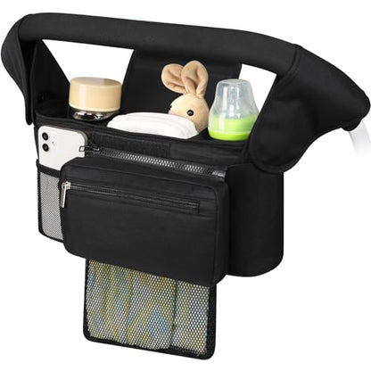 Accmor Universal Stroller Organizer with Insulated Cup Holder - color: All Black/Detachable Diaper Pocket