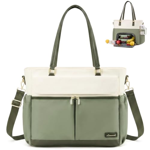 LOVEVOOK Lunch Tote Bag for Women, Work Laptop Bag with Lunch Compartment - color: Green Beige-Lunch, size: 15.6 Inch