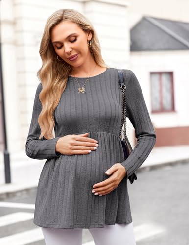 Maternity Shirts Dressy Long Sleeve Pregnancy Fall Tops Work Blouses - color: Grey, size: Small