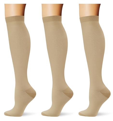 (3 pairs) Compression Socks 20-30 mmHg Long Knee High Socks for Women Men Support Athletic Travel Daily Wear - color: 3p8 3 Khaki, size: X-Small