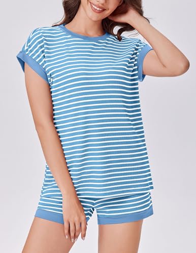 Ekouaer Two Piece Sets for Women Summer Striped Lounge Set Vacation Outfit - color: Blue Striped, size: Small