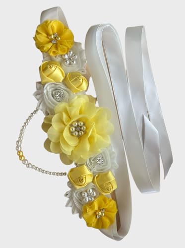 Handmade Baby Shower Sash Pearls Maternity Sash Flower Belt - color: Yellow