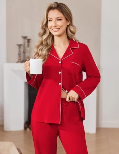 Ekouaer Womens Pajama Set Cotton PJs Long Sleeve Top & Pant Soft Loungewear - color: Red, size: Small
