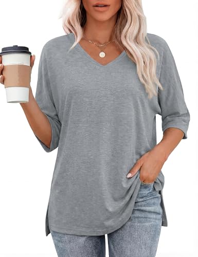 Totatuit Womens Oversized T Shirts Short Sleeve V Neck Basic Tees Tops - color: Grey, size: Small
