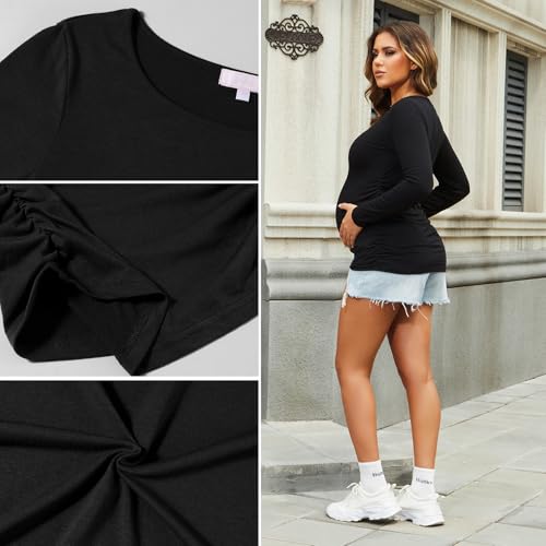 Bhome Women's Maternity Shirts 3 Packs Long Sleeve Pregnancy Tops Basic Side Ruched Tunic Blouse - color: Black/White/Gray, size: Small