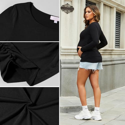 Bhome Women's Maternity Shirts 3 Packs Long Sleeve Pregnancy Tops Basic Side Ruched Tunic Blouse - color: Black/Black/Black, size: Small