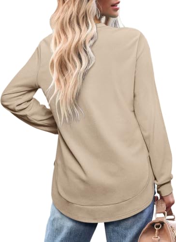 OFEEFAN Womens Sweatshirt Crewneck Long Sleeve Shirts High Low Tops Curved Hem - color: C-khaki, size: Large