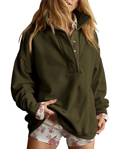 Gacaky Sweatshirt for Women Oversized Henley Neck Pullover Top Fall Outfits - color: Army Green, size: Medium