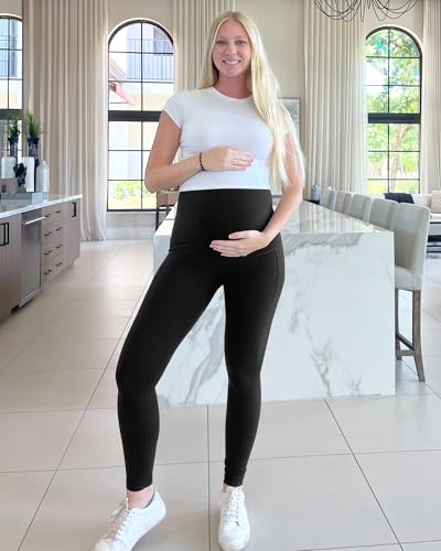 G4Free BareFeel Maternity Leggings with Pockets Over The Belly Stretchy Workout Yoga Pregnancy Pants - color: Black, size: Medium
