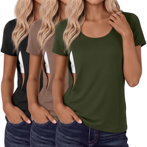 Huukeay 3 Pack Women's Nursing Shirts - color: Black, Coffee, Army Green, size: Small