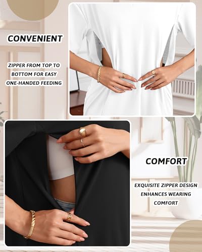 3 Pack Women's Oversize Nursing Shirts - color: Light Brown, White, Black, size: Large