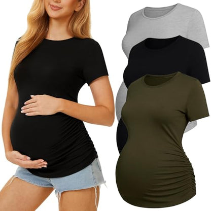 3 Pack Womens Maternity Shirts, Crew Neck Maternity Top Short Sleeve - color: Black/Light Grey/Army Green, size: Large