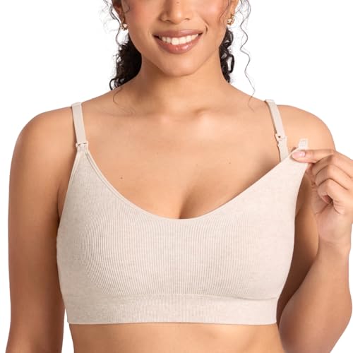 MOMANDA Ribbed Nursing Bras for Breastfeeding - color: Warm Sand Heather, size: Large