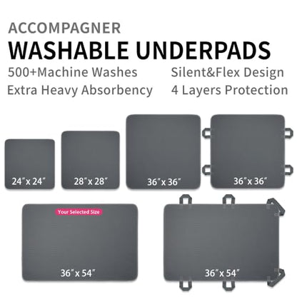 Accompagner Incontinence Bed Pads Washable Waterproof Underpads 36"x54" 2pc - color: Dark Gray, size: 36"x54" (2 Pack)