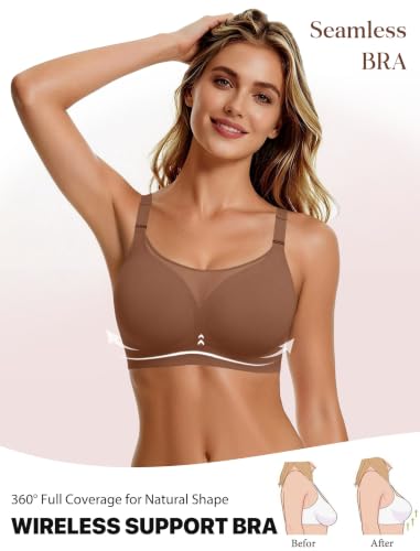 Avidlove Wireless Bras for Women Seamless Full Coverage Bra Mesh Comfy Bralette Tshirt Everyday Bras - color: Coffe, size: Large