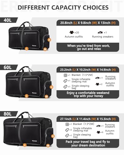 Gonex 80L Foldable Travel Duffle Bag with Shoe Compartment, Lightweight - color: Black, size: 80L