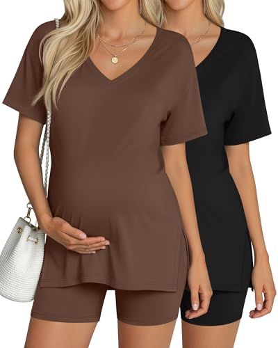 2 Pack Women Maternity Set Pregnancy Outfit - color: Coffee, Black, size: Large