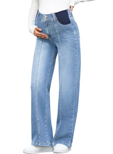 BLENCOT Women's Maternity Jeans High Waist Side Panel Wide Leg Denim Pants - color: Iceland Blue, size: Medium