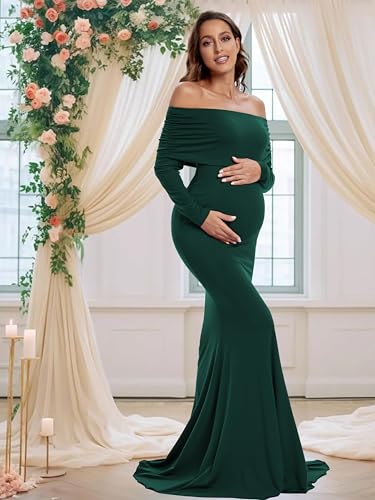Glampunch Off Shoulder Maternity Dress for Photoshoot,Ruched Maternity Gown - color: Hunterbr, size: Large