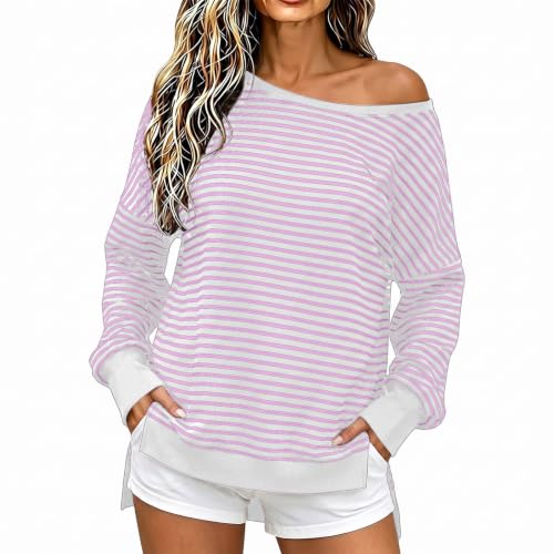 Fall Tops for Women 2026 off Shoulder Striped Top Long Sleeve Pullover Tops - color: Pink, size: Small