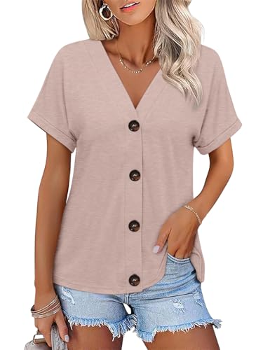 TICTICMISS Womens Summer Tops Short Sleeve Button Down V Neck T Shirts - color: Apricot, size: X-Large