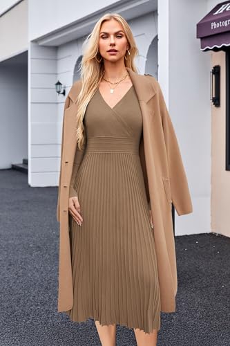 OUGES Women's Fall Maternity Dress for Photoshoot Long Sleeve Wrap V Neck Pleated Baby Shower Sweater Midi Dresses 2026 - color: Camel, size: Large