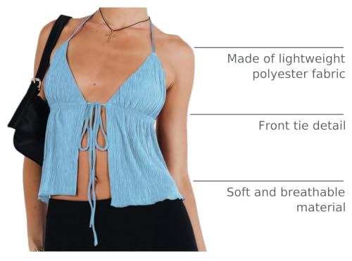 Women Front Tie Top Y2k Halter Neck Flowy Summer Going Out Tank Top Streetwear - color: A Blue, size: Medium