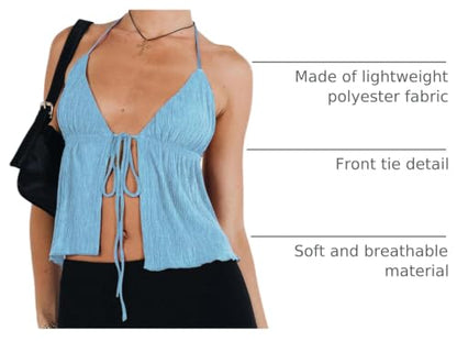 Women Front Tie Top Y2k Halter Neck Flowy Summer Going Out Tank Top Streetwear - color: A Blue, size: Medium
